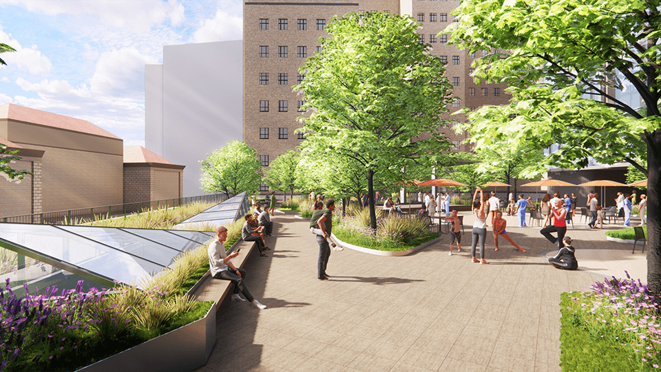 An exterior rendering of the UPMC Presbyterian expansion roof terrace.